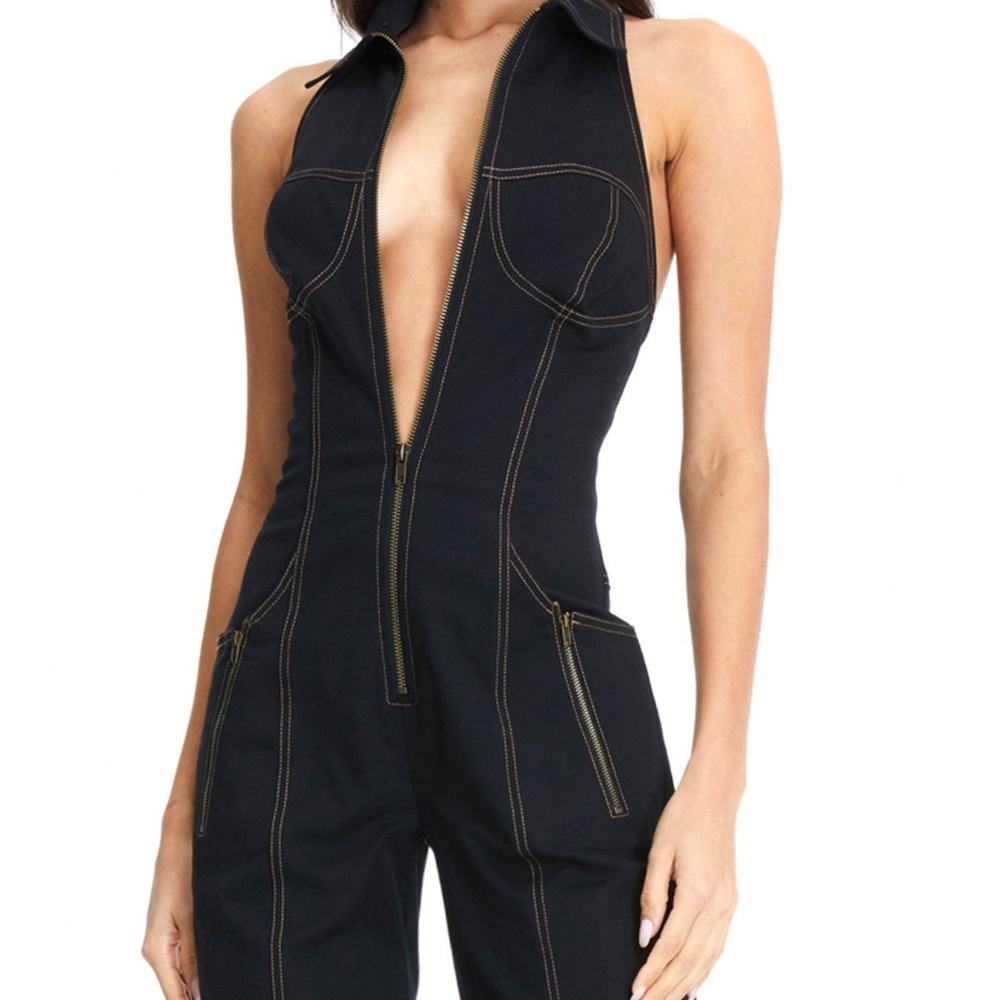 I.AM.GIA Halter Utility Black Denim Wide Leg Jumpsuit Size M